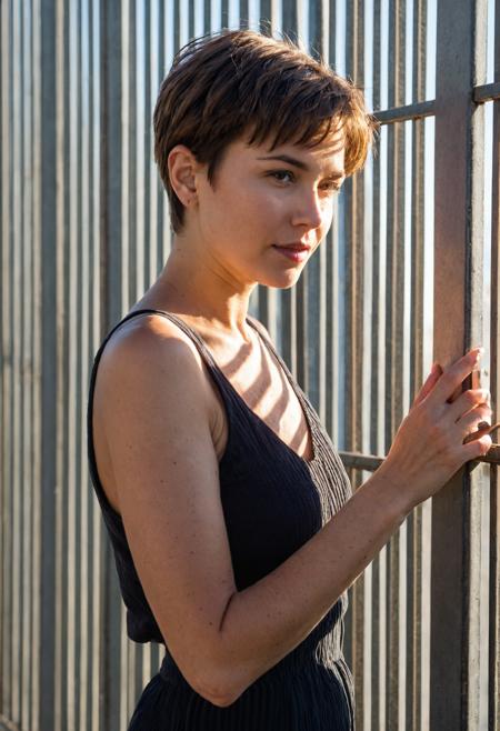 00200-A woman with short hair is touching a metal fence and looking away thoughtfully, with the light casting shadows on her face, hig.png